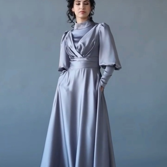 BLUE PUFF SLEEVE MODEST BALL GOWN - Picture 2 of 7